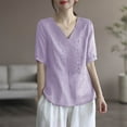 thumbnail image 6 of Youyipin Women's Floral Embroidery Linen Shirts Short Sleeve V Neck Babydoll Casual T Shirts For Women, 6 of 7