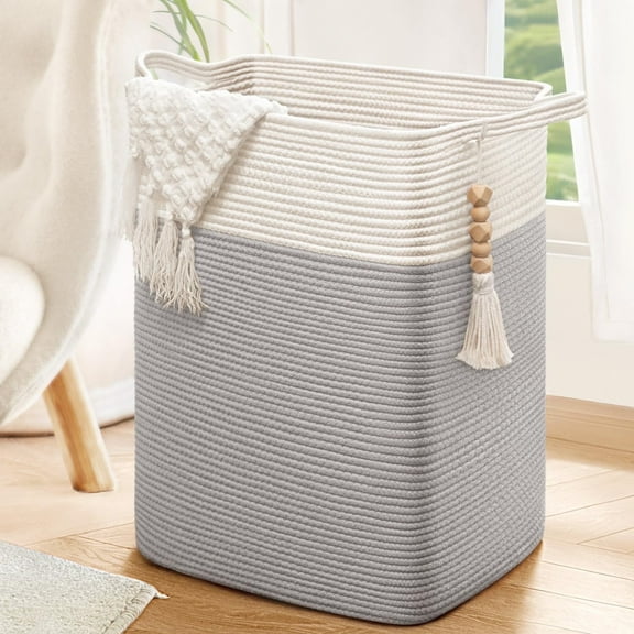 DIYMAG 60L Larger Laundry Hamper, Woven Cotton Rope Laundry Hamper for Decor Storage of Dirty Clothes,Toys and Blankets（Gray,16x13x22in）