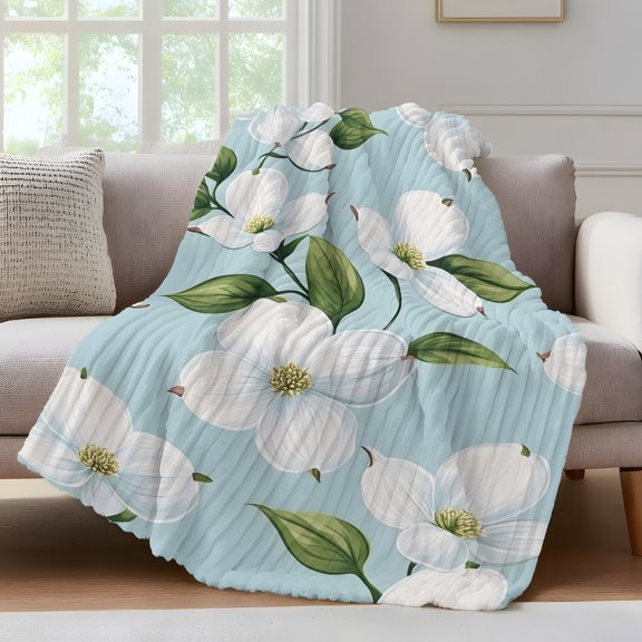 Blooms White Floral Fleece Throw Blanket for Couch, Spring Floral Garden Microfiber Flannel Blanket for All Season, Lightweight Soft Throw Blankets for Bed, Sofa, Travel, 50"x60"