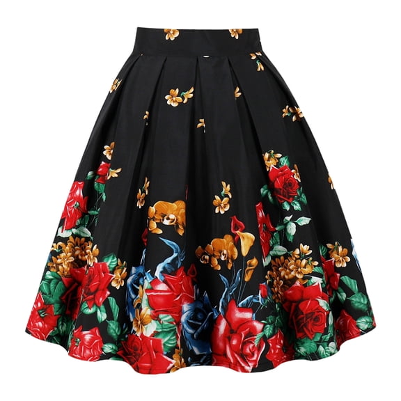 ZQUUVOU Vintage Midi Skirt for Women Summer Floral Printed Elegant Casual Mid Length Skirt for Garden Party Outings Black