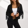 thumbnail image 2 of Women‘s Faux Suede Leather Fringe Jacket Motorcycle Moto Biker Short Open Front Tassel Cropped Coat, 2 of 8