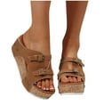thumbnail image 4 of LOVZFMLL Women's Wedge Sandals for Dressy Summer Cork Platform Sandals Slip on Double Buckle Straps Casual Vocation Shoes Brown 5.5, 4 of 7
