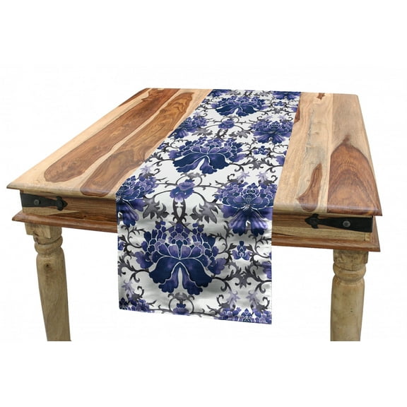 Floral Table Runner, Chinese Petals and Stalks Aquarelle Symmetrical Oriental Nature, Dining Room Kitchen Rectangular Runner, 3 Sizes, by Ambesonne