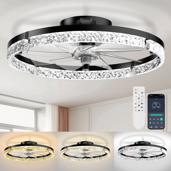 Ceiling Fans with Lights and Remote, 20'' Low Profile Ceiling Fans, 3000-6000K Dimmable Modern Flush Mount LED Fan Light