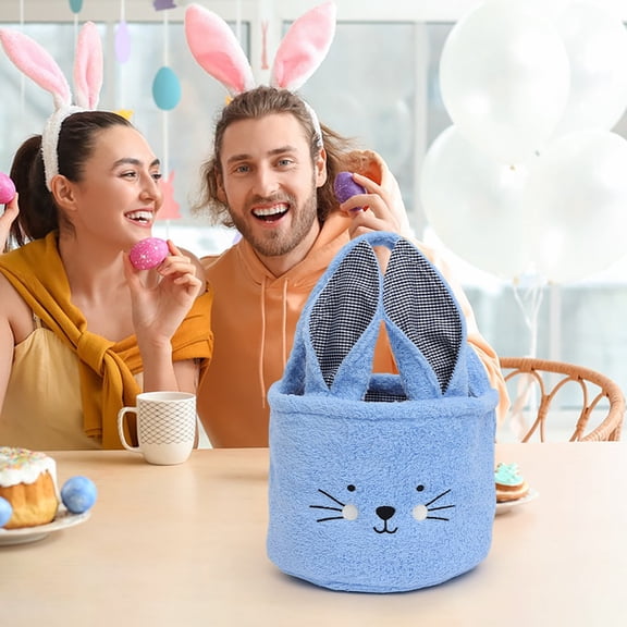 Kbndieu Plush Easter Bunny Basket for Kids Boys Girls, Easter Buckets with Cute Rabbit Ears, Egg Hunting Easter Tote Bags for Easter Party Decorations Candy Gifts