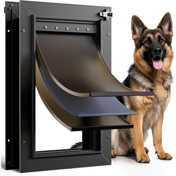 Dog Door for Door All Aluminum 3 Flaps Black, Large Dog Doggy Doggie Door, Heavy Duty Pet Door for Dogs Cats, with Insulation Flap, Telescoping Tunnel, Sliding Closing Panel, for Pets Up to 110lb