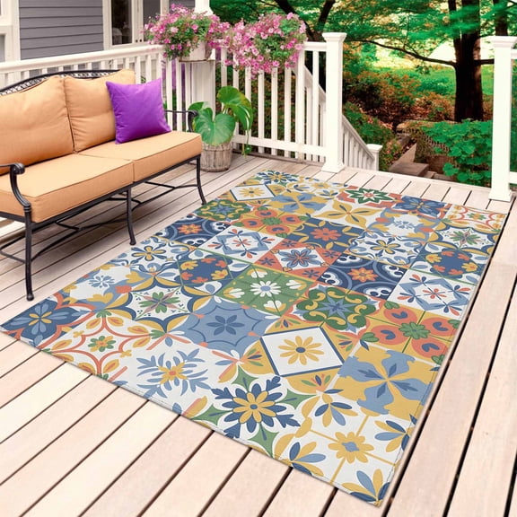 Vintage Mediterranean Outdoor Rug 5x8 Ft, Non Slip Washable Area Rug, Blue and Yellow Tiles Texture Patio Rugs Carpet Runner, Large Floor Mat for Indoor/Outdoor Deck Porch Camping