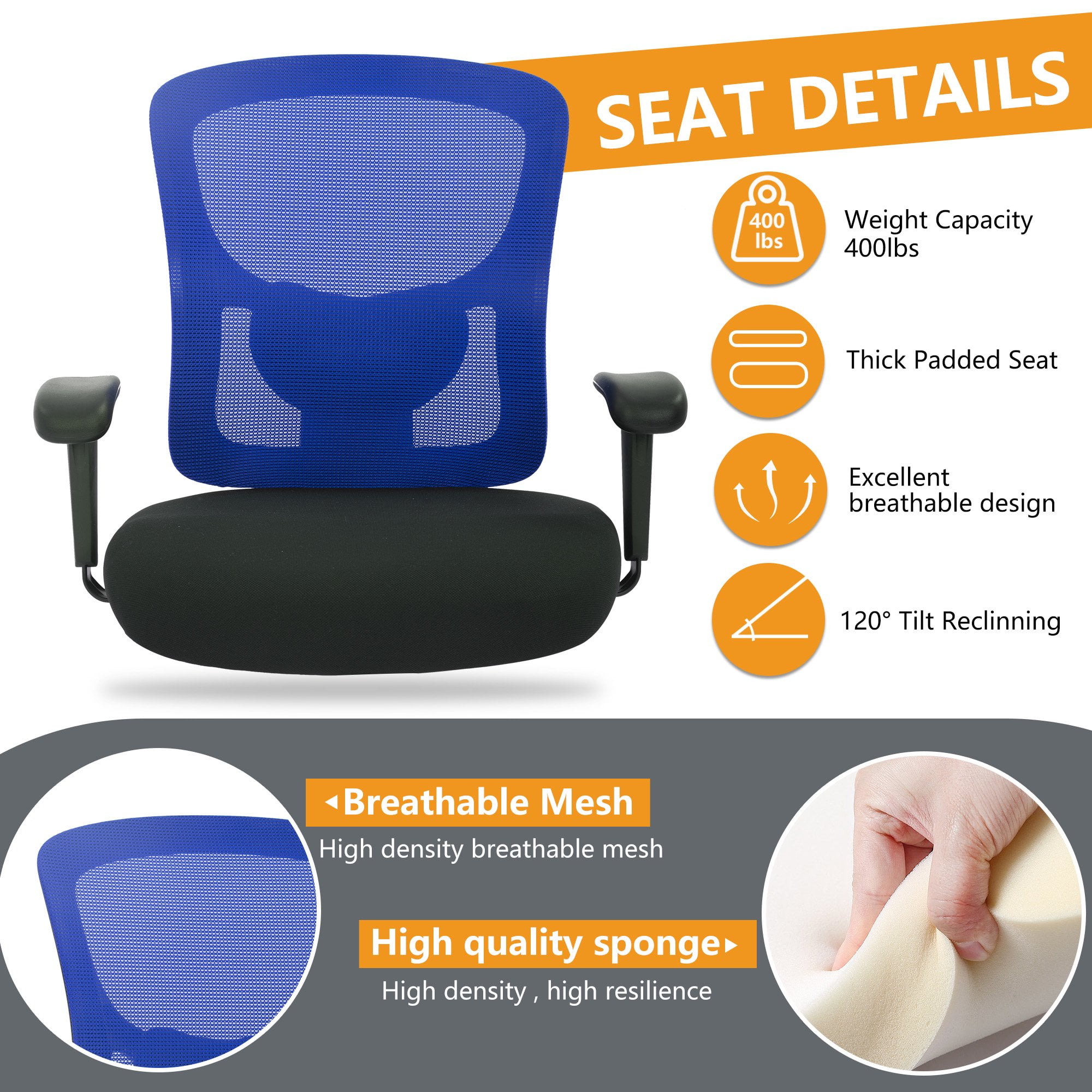 BestOffice Big and Tall Office Chair, Lumbar Support, Adjustable Arms and Height for Adults(Blue)