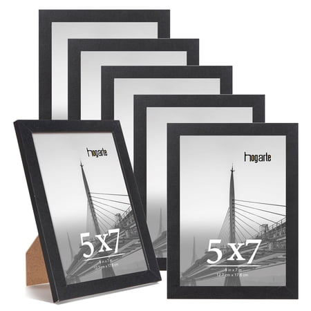 hogarte 5x7 Wooden Picture Frames Set of 6, Desktop and Wall Display Frames, Black