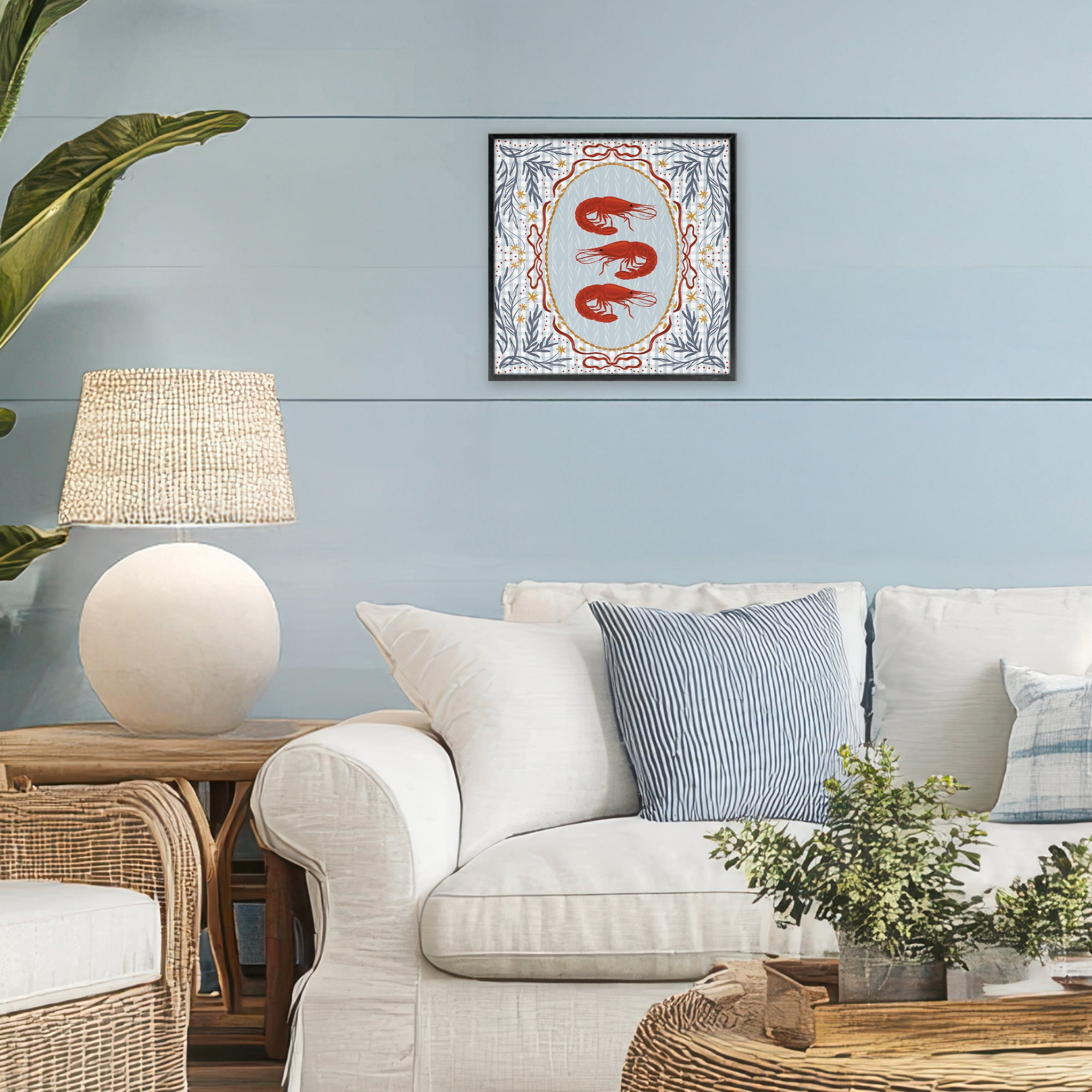 Stupell Industries Prawn Trio on Blue Gingham Black Framed Giclee Art, design by Vero Illustrates
