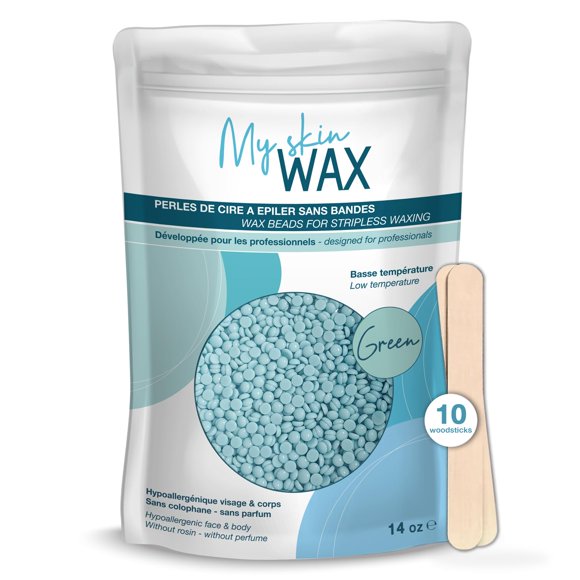 My Skin Wax - Perlas de cera dura 14 oz (0.88 lb) Perlas de depilación hipoalergénicas para pieles sensibles Cera para depilación sin dolor y sin tiras Cera para hombres y mujeres Cera para la cara Ce