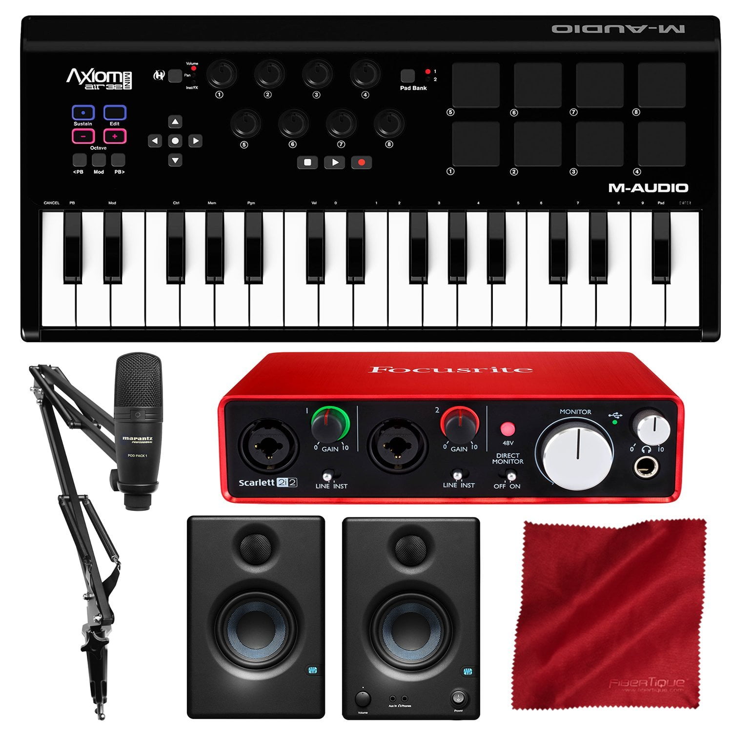 Axiom AIR Mini 32 USB MIDI Keyboard with Focusrite Scarlett 2i2 USB Audio Marantz Pod Pack 1 Microphone Kit, and Premium Bundle - Walmart.com