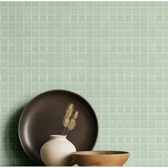 S4Sassy Self Adhesive Wallpaper, Mosaic Tile Print Wallpaper, Green Removable Diy Vinyl Tile Pattern Wall Covering, Plain Peel And Stick Contact Paper For Entryway, Kitchen Backsplash(25"X120")