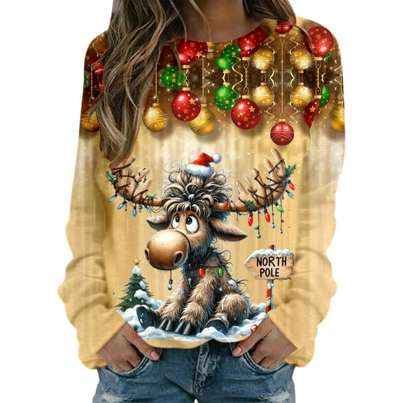 Fiaer Christmas Women Sweatshirts Trendy Funny Graphic Plus Size Tops Long Sleeve Crew Neck Fall Winter Pullover Yellow XL
