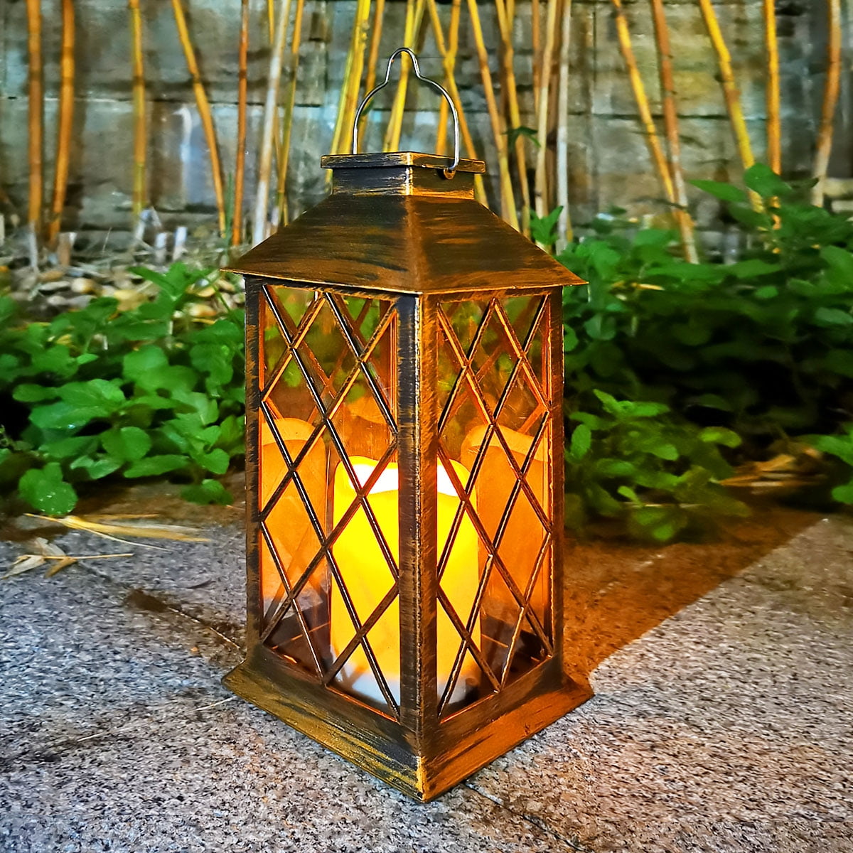 2x LED Garden Solar Powered Flickering Flash Lights Lantern Outdoor Hanging Lamp 