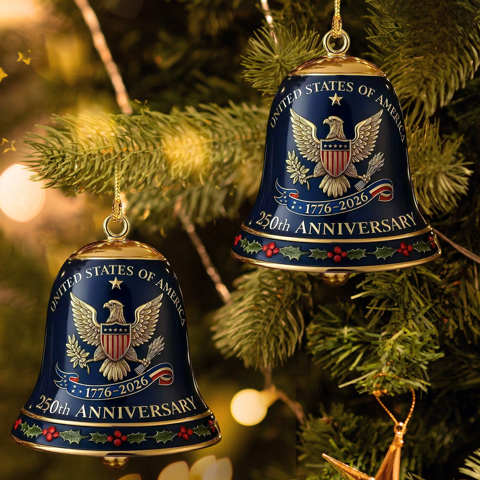United States 250th Anniversary Bell Ornament, 250th Anniversary Metal Bell Ornament – 1776-2026 Red & Gold Patriotic Christmas Tree Hanging Decor, Shatterproof Holiday Ornament Gift (2PCS)