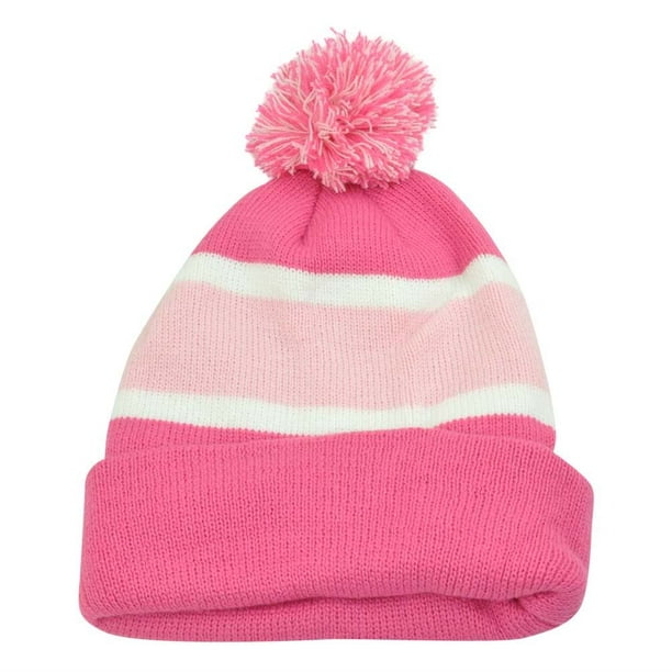 Women Ladies Pink Beanie Pom Pom Knit Thick Hat Plain Blank Striped ...