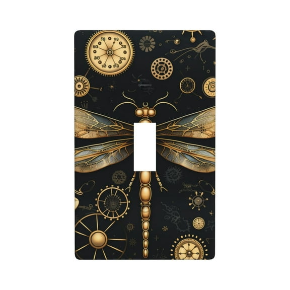 1-Gang Toggle Wall Plate Single Light Switch Cover - Gold Steampunk Dragonfly Black Golden