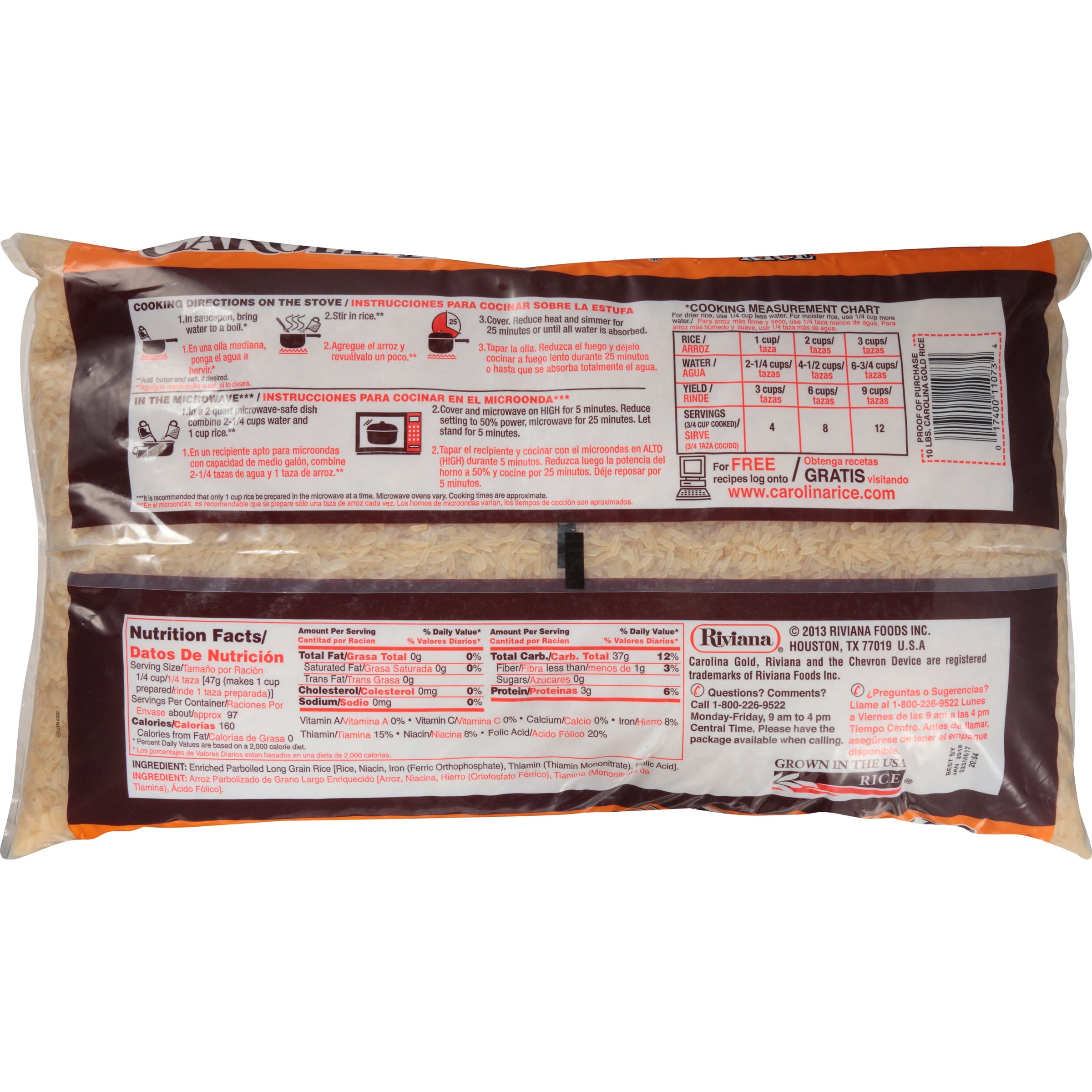 Carolina Gold Enriched Parboiled Rice, Extra Long Grain Rice, 10 lb Bag