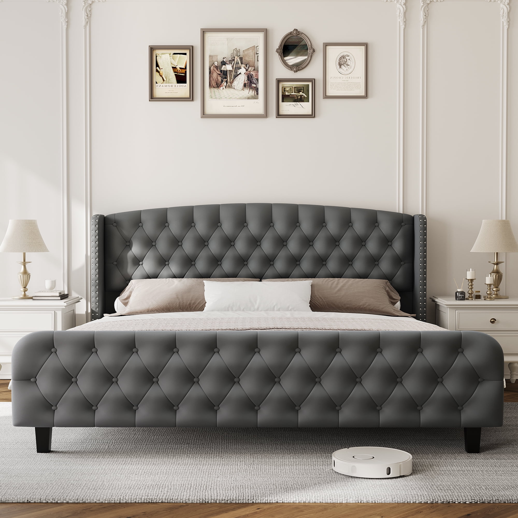 51" Queen Size Bed Frame with Button Tufted Wingback Headboard and Footboard Velvet Upholstered Platform Bed with Wood Supports No Box Spring Needed, Noise Free Easy Assemble