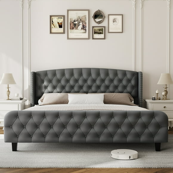 Queen Bed Frame, Velvet Upholstered Platform Bed Frame with Button Tufted and Nail head Trim Wingback Headboard, Sturdy Wood Slats Support Bed Frame, No Box Spring Needed
