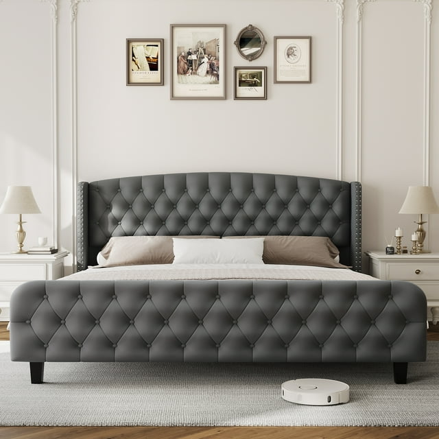 Yiwa Wingback Velvet Bed Frame, Deep Button Tufted Headboard & Footboard Platform Design, Easy Assembly, No Box Spring Needed