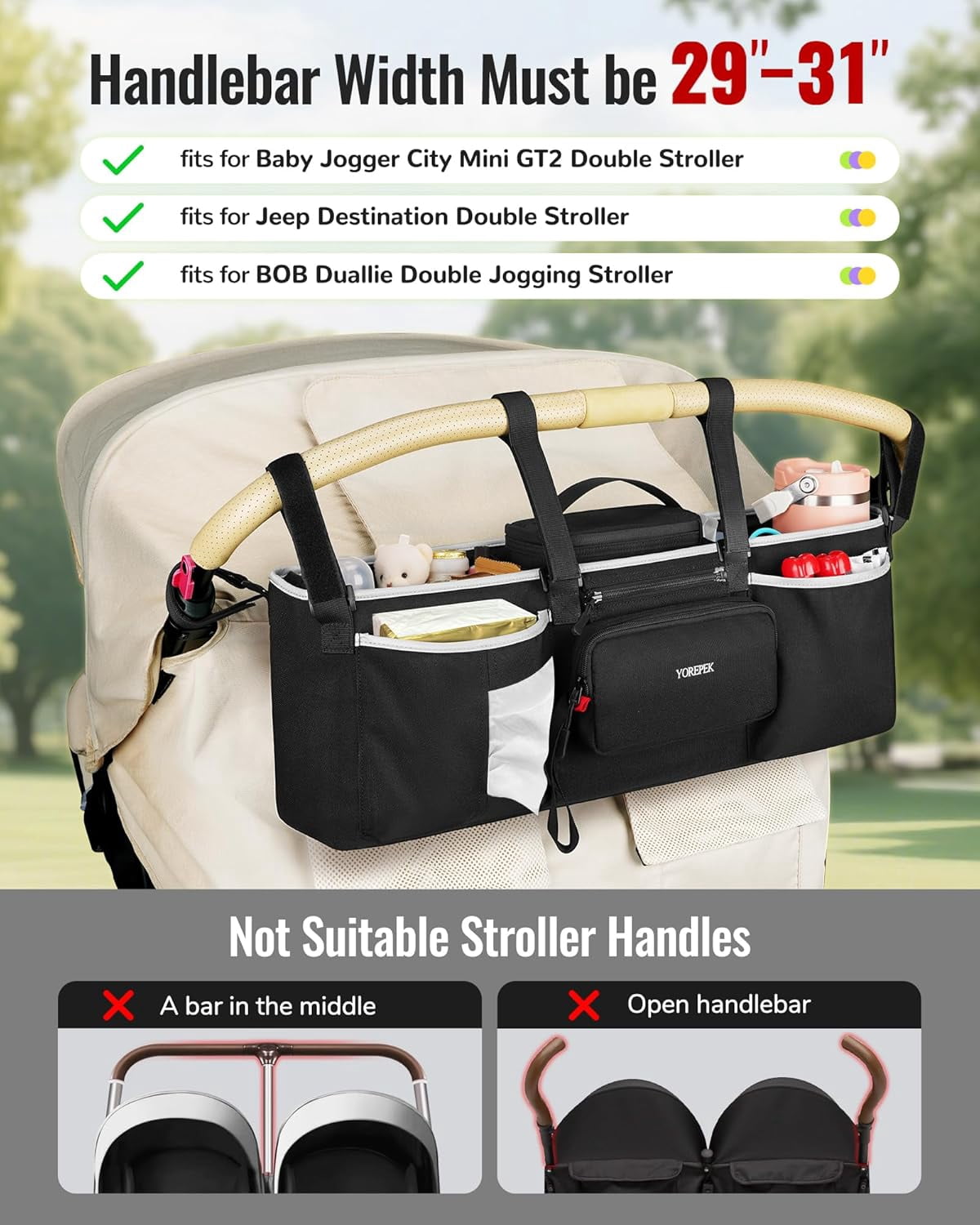 Padded Car Seat Travel Bag for Airplane Travel and Heavy Duty Double Stroller Organizer for Bob Duallie,  City Mini GT2 and , Stroller Caddy with Detachable Cooler Bag