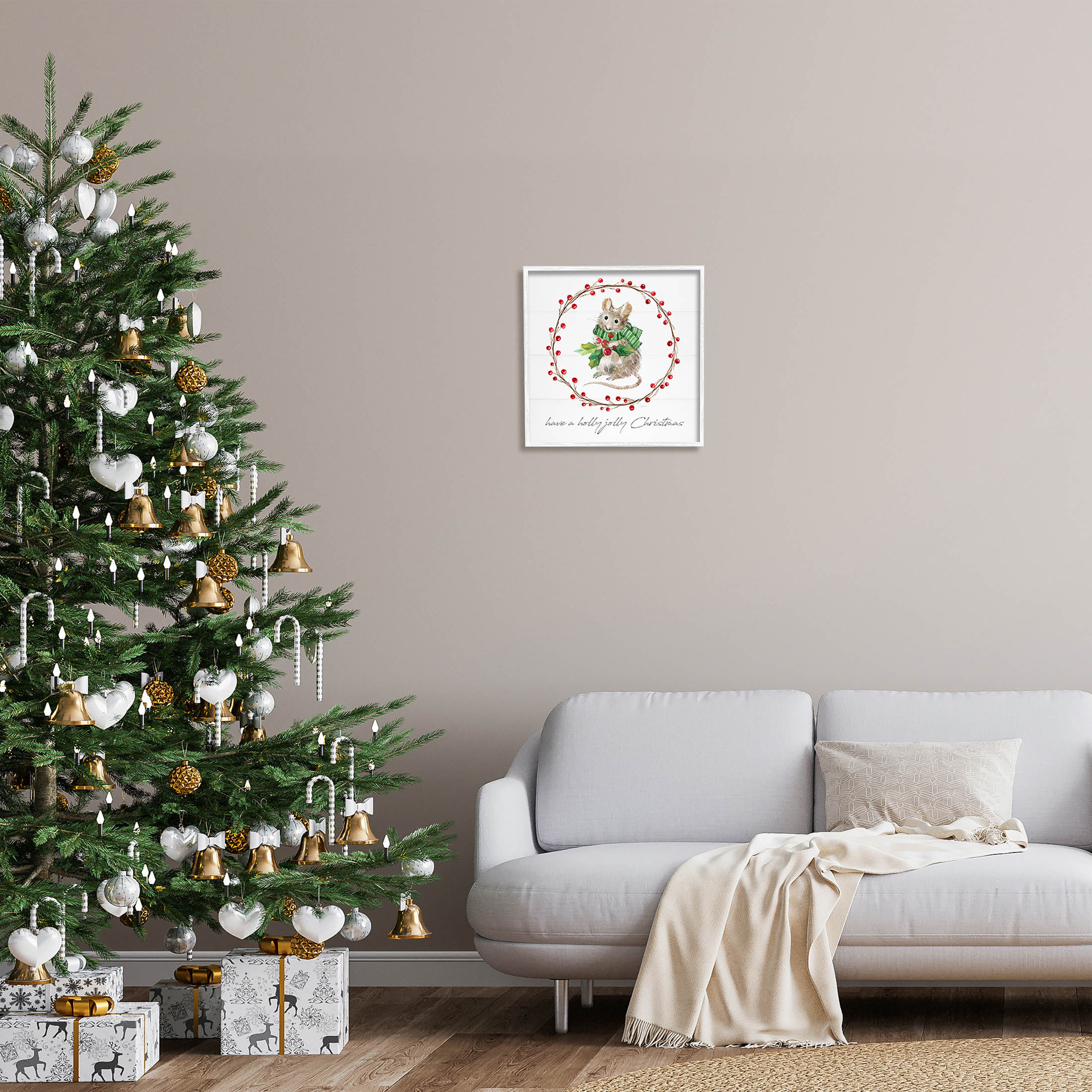 Stupell Industries Holly Jolly Christmas Mouse Graphic Art White Framed Art Print Wall Art, Design by Livi Finn
