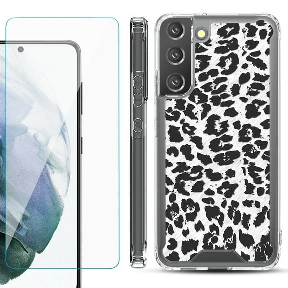 Shockproof Bumper Phone Case for Samsung Galaxy S22 5G, with Tempered Glass Screen Protector, by OneToughShield ® - Cheetah B/W