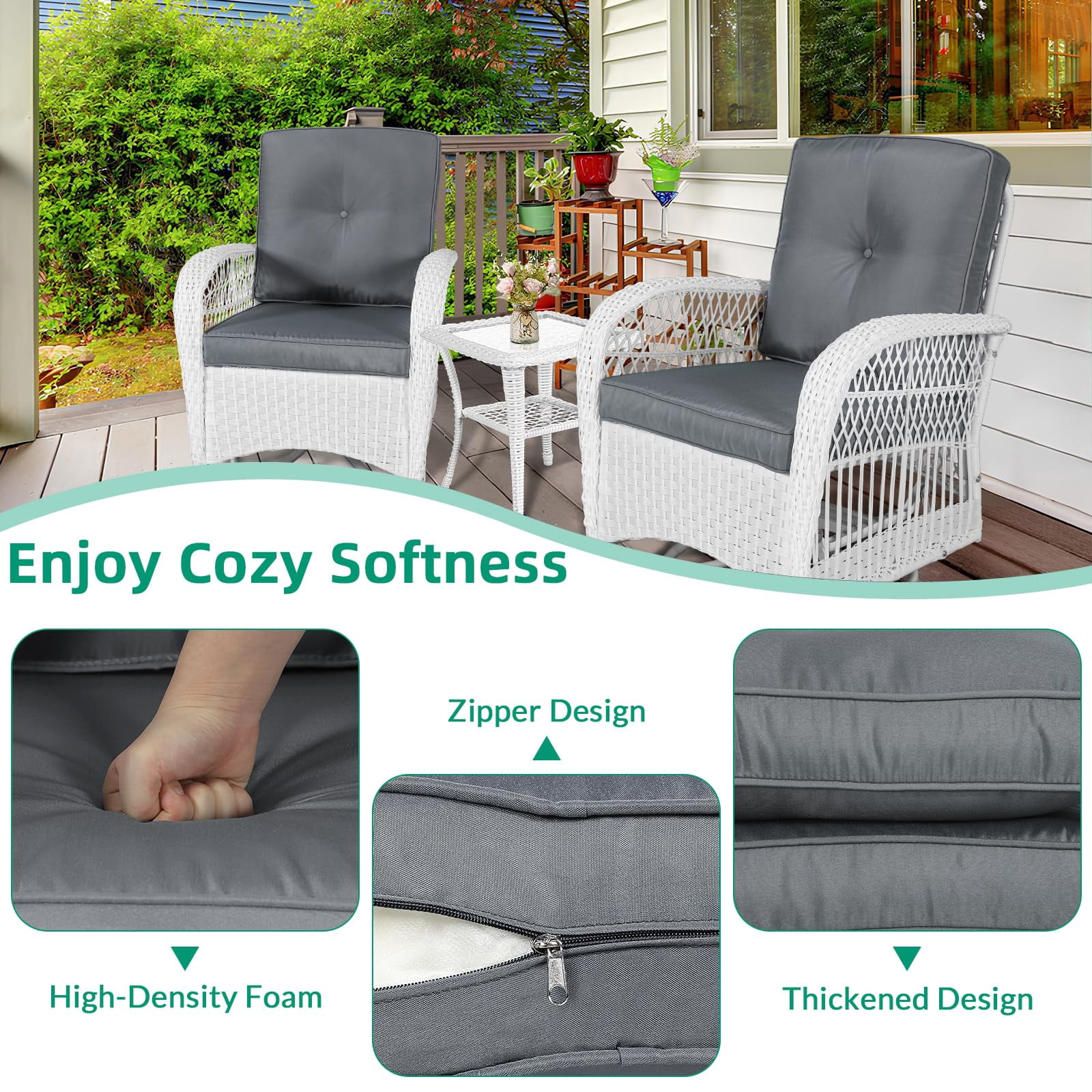VIVIJASON 3-Piece Outdoor Conversation Bistro Set, Patio Swivel Glider Rocking Chairs Rattan Furniture Sets w/ 2 White Rattan Chairs, Glass Top Side Table for Porch Backyard, Grey Cushions