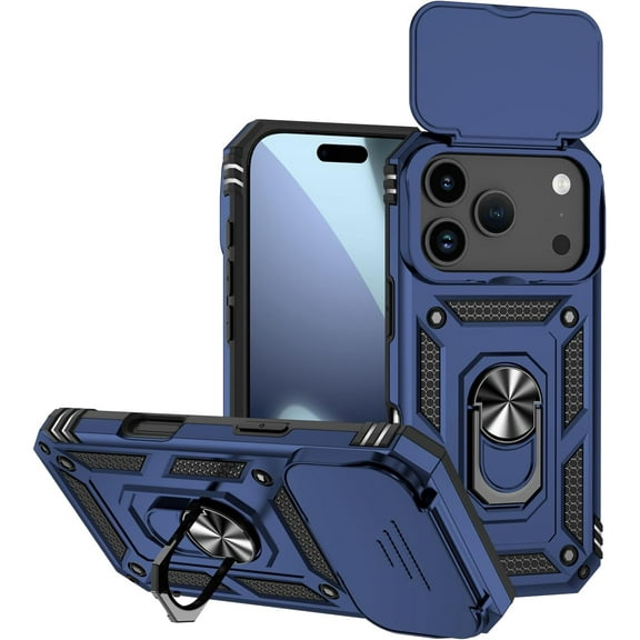 MYKOMI for iPhone 17 Pro Case, Heavy Duty Shockproof Full Body Protective Case with Slide Camera Cover and Ring Magnetic Car Stand for Women & Men