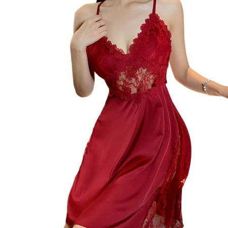 Ltctricy Women s Nightgown Lace Hollow out V Neck Satin Slip Dress Lingerie Comfy Soft Chemise Pajama Dress