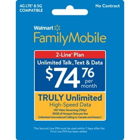 Walmart Family Mobile $74.76 Truly Unlimited 2-Line Plan w 30GB of Mobile Hotspot Per Line e-PIN Top Up (Email Delivery)