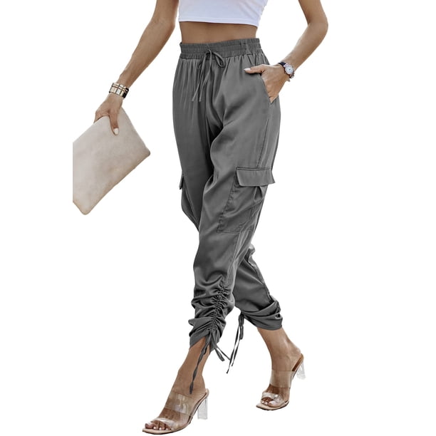 Pantalones Jogger de Satén PRETTYGARDEN Mujer Cintura Alta Gris Talle Medio