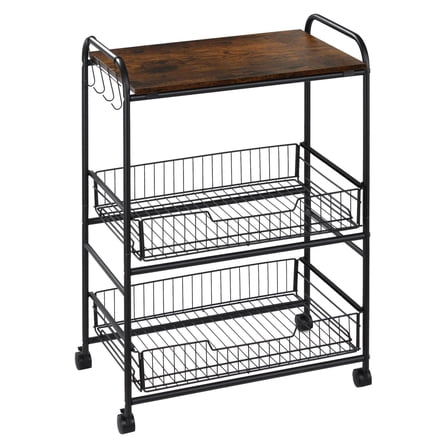 SAZYY 24" Brown 3-Tier Rolling Kitchen Cart, Utility Storage Trolley with Basket Drawers for Kitchen & Dining