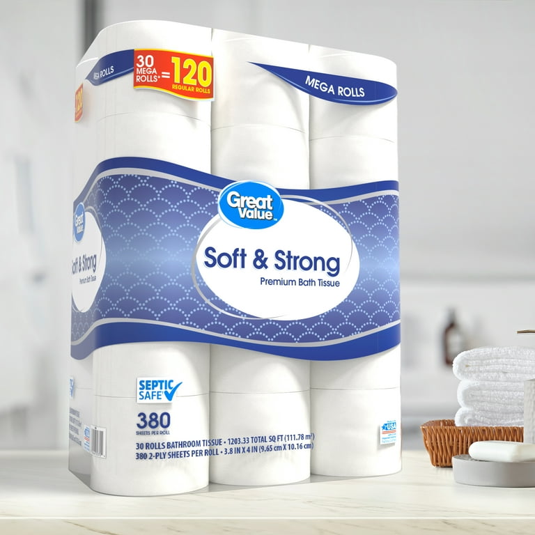 Great Value Soft & Strong Premium Toilet Paper, 30 Mega Rolls, 380 Sheets  per Roll