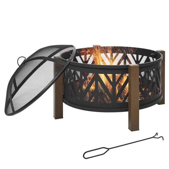 Outsunny 31" Fire pit, 2-in-1 Wood Fire Pit Brazier with Lid, Grill, Black