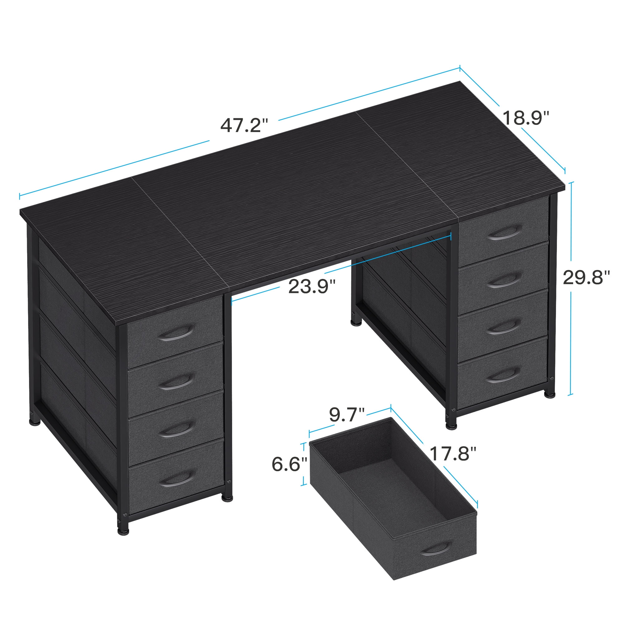 Black Computer Desk with Drawers for Storage - 48 inch Home Office Desk with 8 Fabric Drawers, Writing Study Desk with Drawers on Both Sides for Bedroom