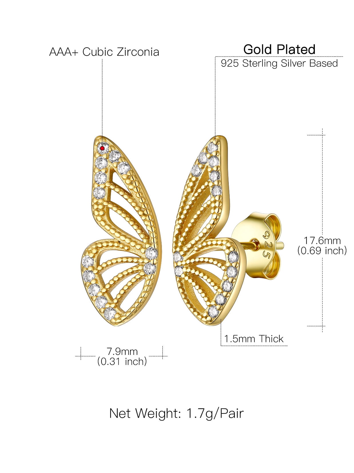 Suplight 925 Sterling Silver Zircon Edge Half Butterfly Stud Earrings, Dainty Butterfly Earrings for Women