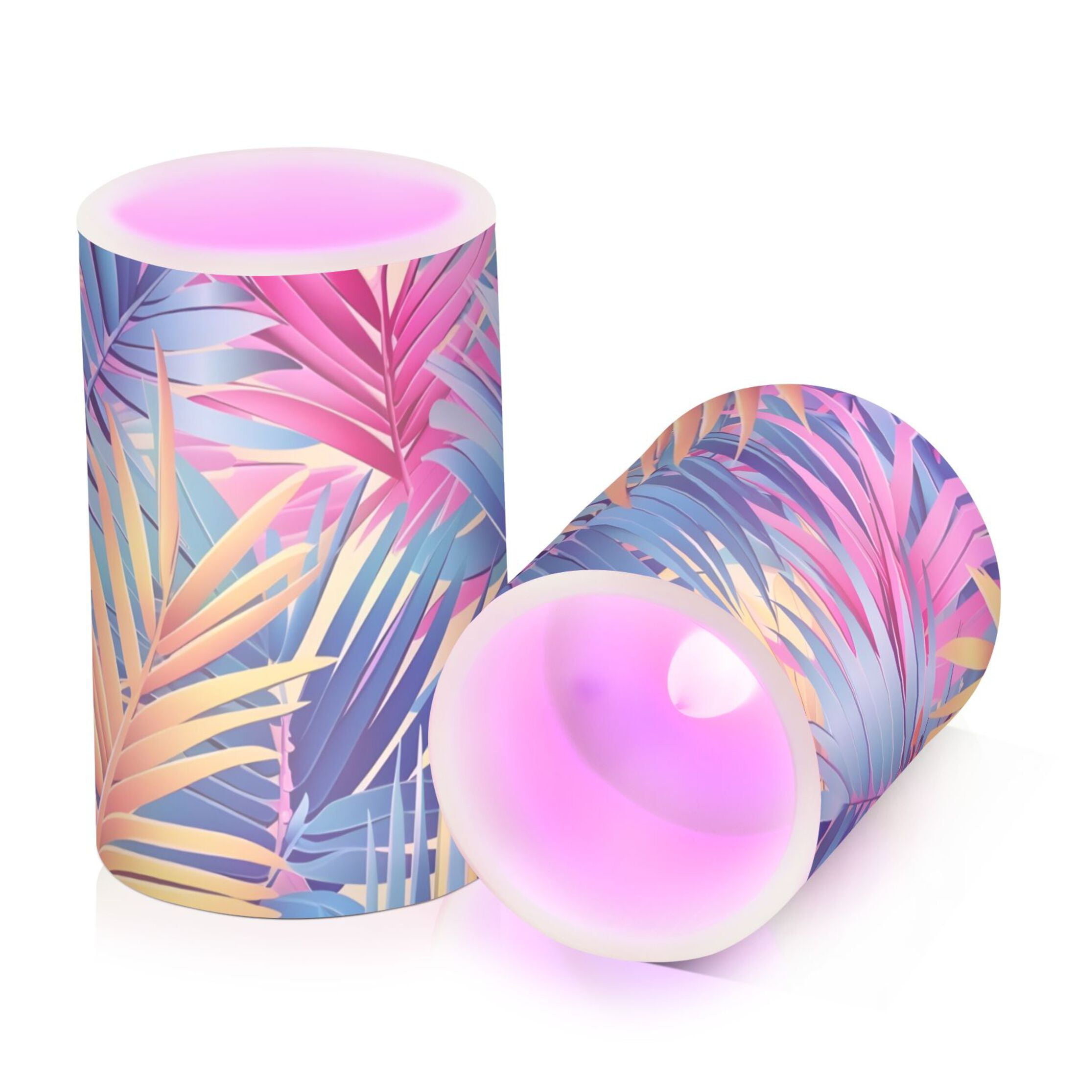 Colorful Tropical Palm Leaves Flickering Flameless LED Candles set of 2 Battery Operated 18-Key Remotes Timer Halloween Fall Decor D3''xH4''5''