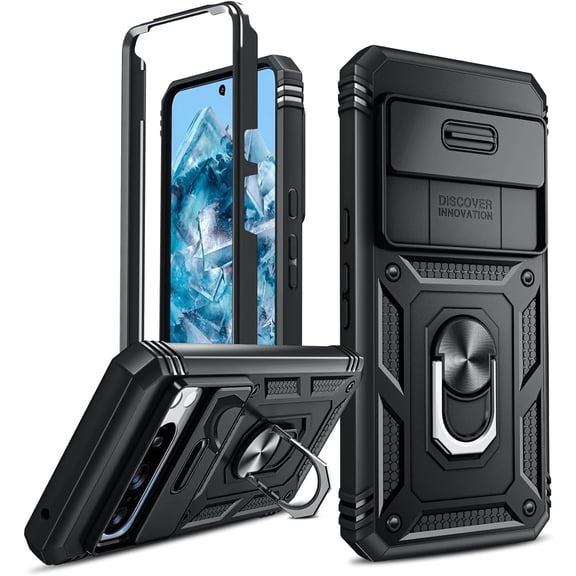 LeYi for Google Pixel-8 Pro Phone Case, Google 8 Pro Case Heavy Duty Armor Case with Slide Camera Cover & Magnetic 360?Rotatable Ring Kickstand Case for Pixel 8 Pro, Black
