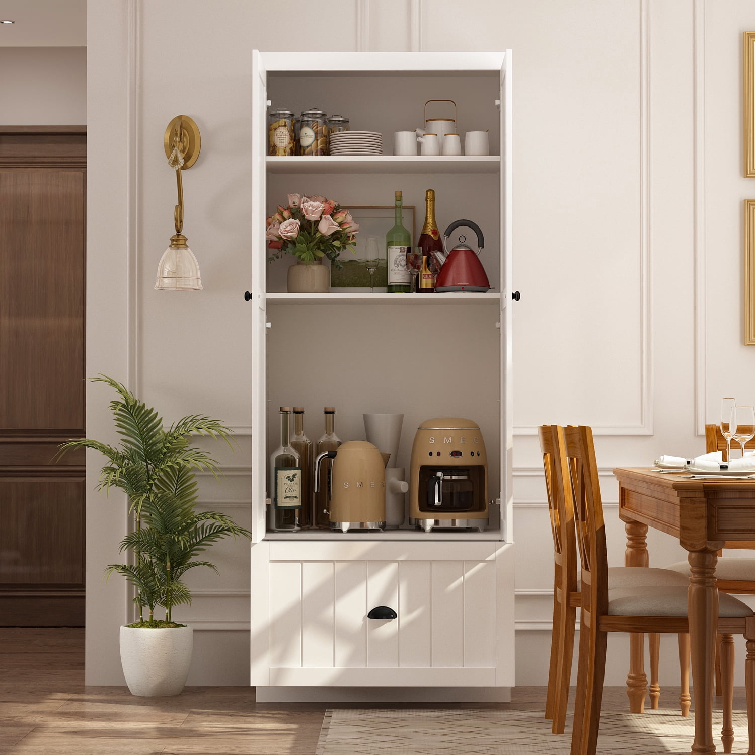 KULAGAGA 70.9" H Kitchen Pantry Cabinet, Freestanding Storage Cupboard with Drawer and Adjustable Shelves for Kitchen Bathroom Living Room, White