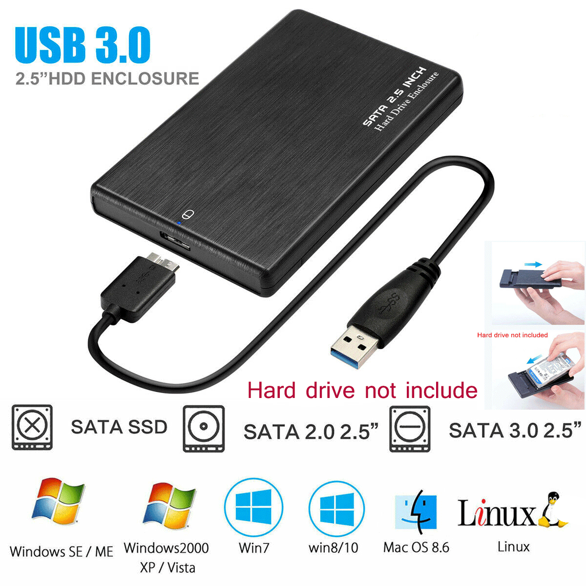 USB 3.0 External Backup Hard Drive Case 2TB Enclosure 2.5" Portable HDD/SSD Sata 