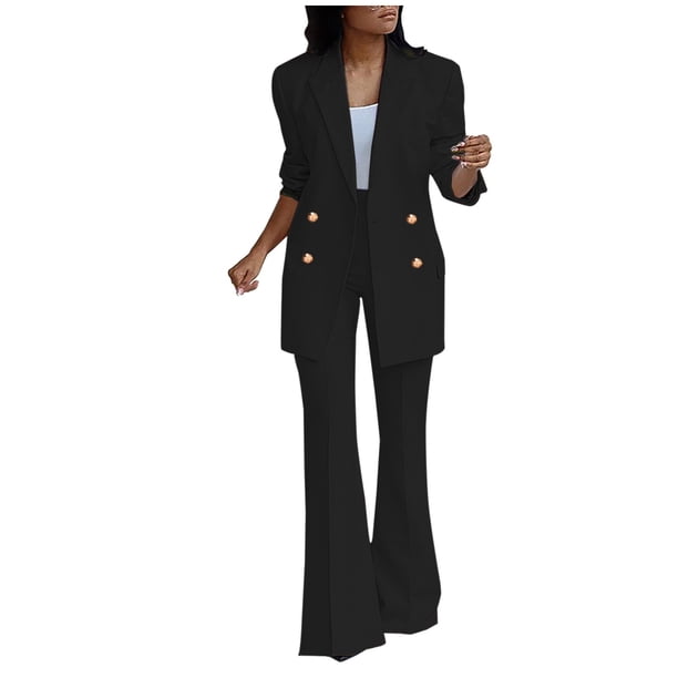 Womens Business Work Suit Set Long Sleeve Open Front Blazer with Flare