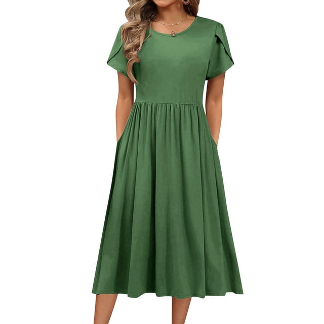 AherBiu Robe pour Femmes Décontractée à Col Rond, Ligne A, Élégante, Midi, Été, Manches Courtes, Froncée, Longueur Genou