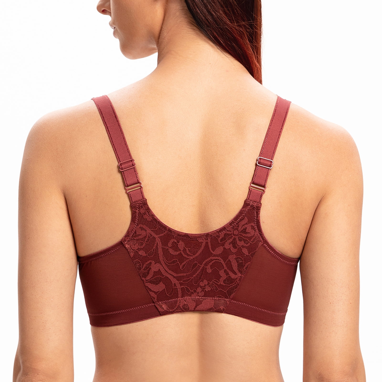 MELENECA Women's Front Closure Stretch Lace Underwire Bra Cabernet Red 46B