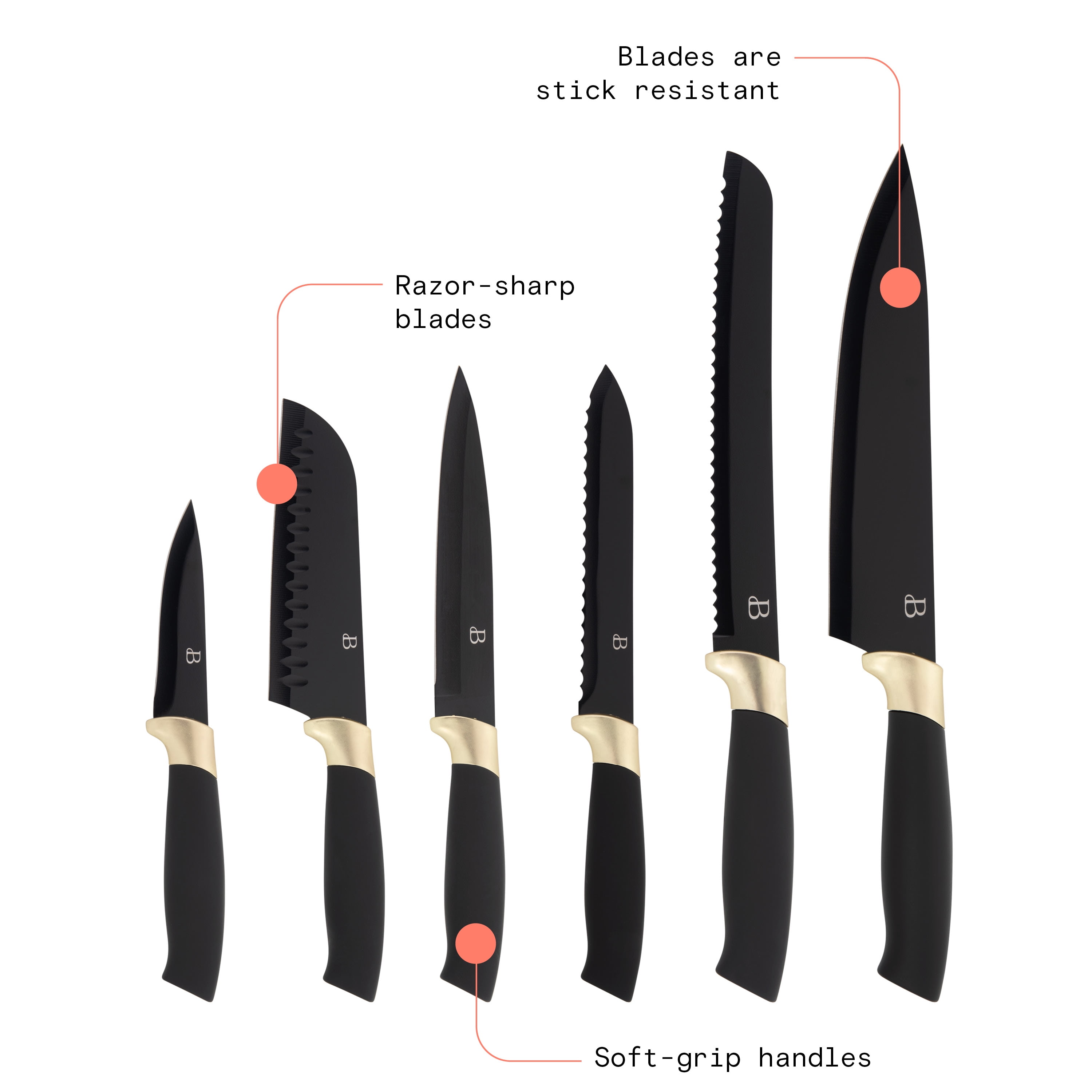 Beautiful 6 Piece Stainless Steel Knife Set Black Sesame with Gold Accent By Drew Barrymore