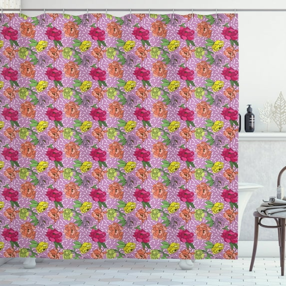 Garden Art Shower Curtain, Colorful Illustration of Peonies Wild Spring Leaves Nature Elements, Fabric Bathroom Set with Hooks, 69W X 84L Inches Extra Long, Pale Purple Multicolor, by Ambesonne