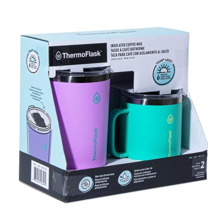 ThermoFlask Stainless Steel Insulated Coffee Mug Set, 2 Pack (Purple/Green)