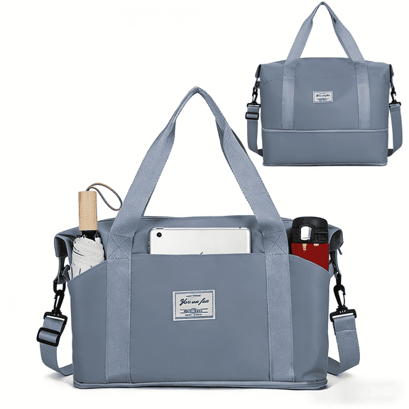 WANDF Expandable Travel Bag with Shoulder Strap for Men Women,3 Slash Pockets Airline Approved Personal Item Bag 18x14x8,Gym Bag with Wet Pocket,Foldable Duffel Bag Weekender Bag(Blue)